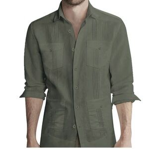 Coofandy Cuban Guayabera Army Green Casual Button Up Long Sleeve Shirt